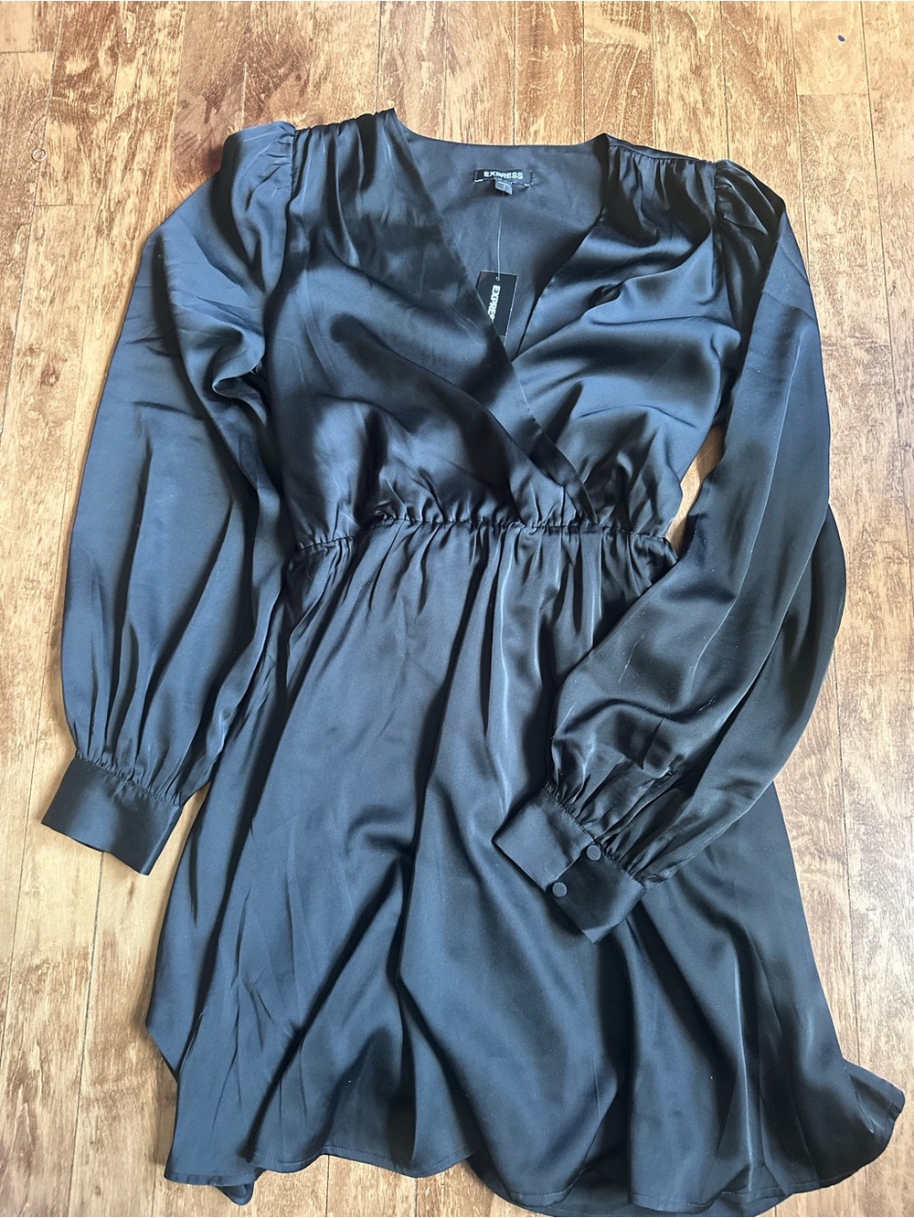 Express Black Satin Long-Sleeve V-Neck Dress